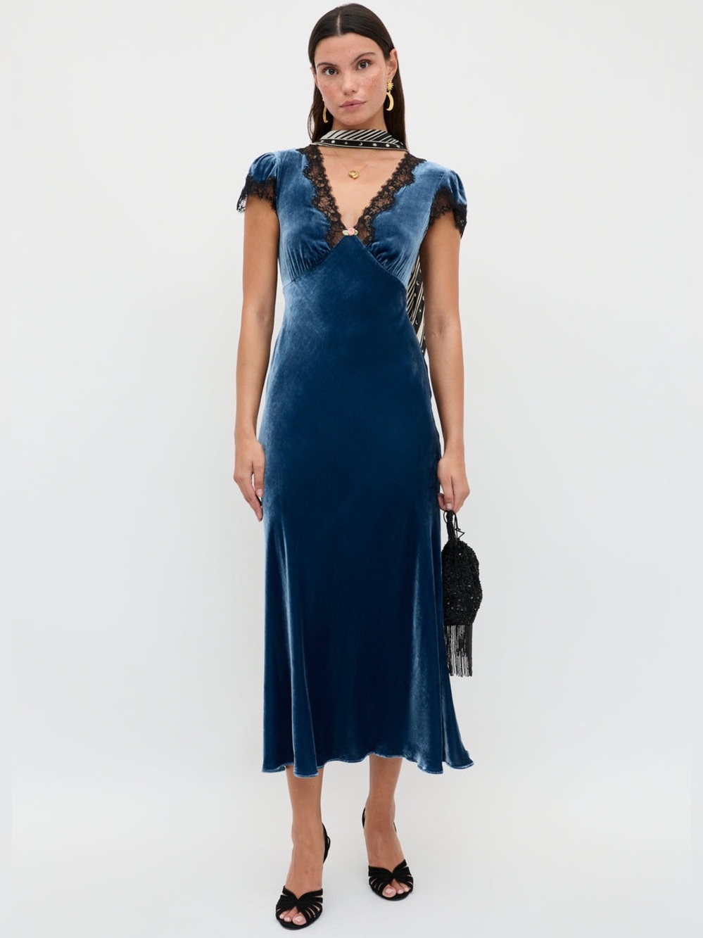 Rixo blue velvet Clarice midi dress
